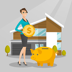 Image showing Woman saving money in piggy bank for buying house.