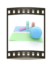 Image showing karemat and fitness ball. 3D illustration. The film strip