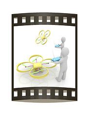 Image showing 3d man with drone, quadrocopter, with photo camera. 3d render. 3