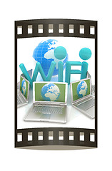 Image showing Global concept of  WiFi connectivity between laptops. 3d render.
