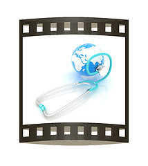 Image showing stethoscope and globe.3d illustration. The film strip