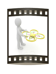 Image showing 3d man with drone, quadrocopter, with photo camera. 3d render. 3