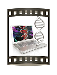 Image showing Laptop with dna medical model background on laptop screen. 3d il