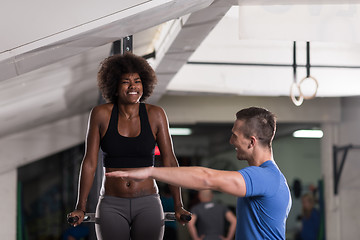 Image showing black woman doing parallel bars Exercise with trainer