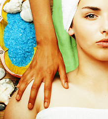 Image showing stock photo attractive lady getting spa treatment in salon, close up asian hands on face