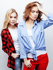 Image showing best friends teenage girls together having fun, posing emotional on white background, besties happy smiling, lifestyle people concept close up. making selfie