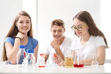 Image showing Chemistry lesson. School lesson in chemistry lab.