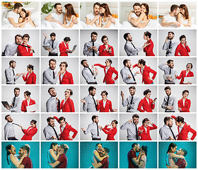 Image showing The collage about lifestile of young businessman and businesswoman with different emotions