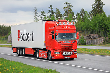 Image showing Red Super Scania Semi Trailer on Summer Freeway