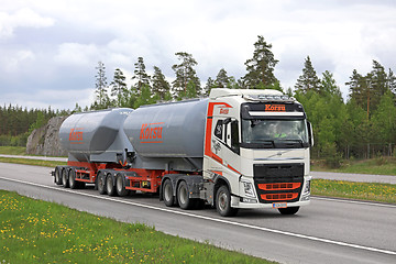 Image showing Colorful Volvo FH Tank Truck on Motorway at Summer