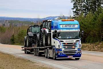 Image showing Scania Semi Trailer Hauls Farm Tractors