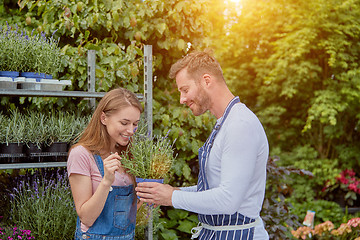 Image showing Woman sniffing potted flower