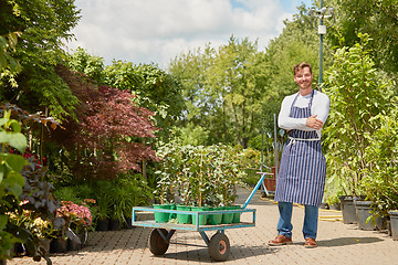 Image showing Cheerful gardener with wagon