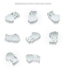 Image showing Insurance icons set: different views of metallic Car And Shield, transparent shadow, EPS 10 vector.