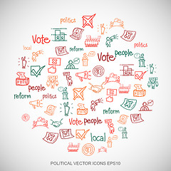 Image showing Multicolor doodles Hand Drawn Politics Icons set on White. EPS10 vector illustration.