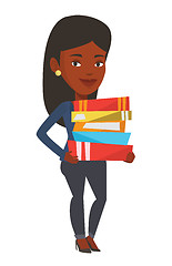 Image showing Woman holding pile of books vector illustration.