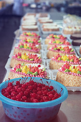 Image showing Bowl of cherry on cake production
