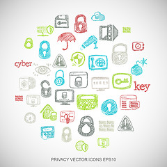 Image showing Multicolor doodles Hand Drawn Security Icons set on White. EPS10 vector illustration.