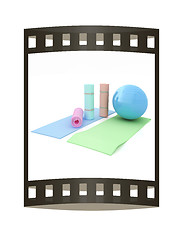 Image showing karemat and fitness ball. 3D illustration. The film strip