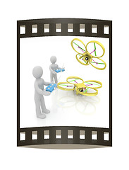 Image showing 3d man with drone, quadrocopter, with photo camera. 3d render. 3