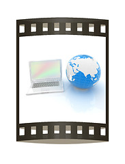 Image showing Laptop and Earth. 3d illustration. The film strip