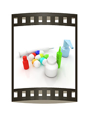 Image showing Syringe, tablet, pill jar. 3D illustration. The film strip