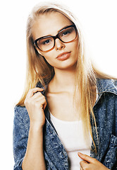 Image showing young pretty girl teenager in glasses on white isolated blond ha