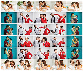 Image showing The collage about lifestile of young businessman and businesswoman with different emotions