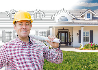 Image showing Male Contractor Wearing Hard Hat In Front of House Drawing Grada