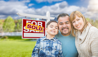 Image showing Mixed Race Family In Front of House and Sold For Sale Real Estat