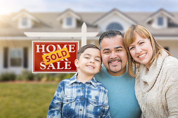 Image showing Mixed Race Family In Front of House and Sold For Sale Real Estat