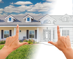 Image showing Female Hands Framing House Drawing Gradating Into Photograph.