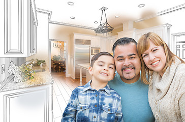 Image showing Young Mixed Race Family Over Kitchen Drawing with Photo Combinat