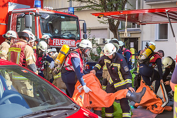 Image showing Firefighters getting ready to intervene on chemical accident location.