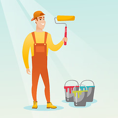 Image showing Painter holding paint roller vector illustration.