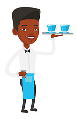 Image showing Waiter holding tray with cups of coffeee or tea.