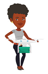 Image showing Woman controlling delivery drone with post package