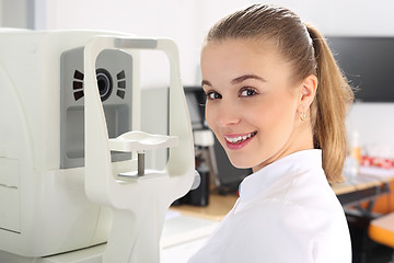 Image showing Eye examination. Woman in ophthalmologist.