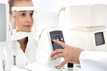 Image showing The pressure in the eye, the patient with an ophthalmologist An eye exam, the patient in ophthalmology clinic