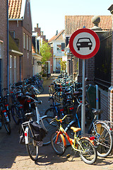 Image showing Holland city street no cars road sign: pedal cycles only bikes parking