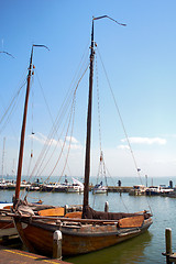 Image showing Moody shots of boats tied alongside the moorings at Volendam, Holland