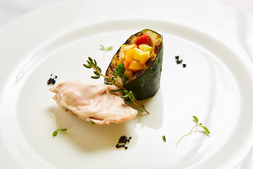 Image showing Steamed chicken fillet and vegetables. Shallow dof.