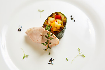 Image showing Steamed chicken fillet and vegetables. Shallow dof.