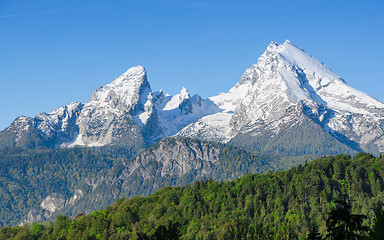 Image showing Snowy mount peaks of Watzmann Mountain ridge in Bavarian Alps