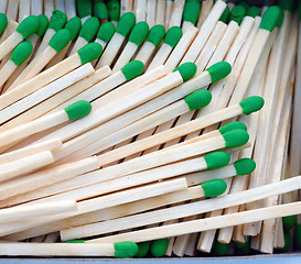 Image showing Group Wood Stalk Green Tip Match In Box Matchsticks