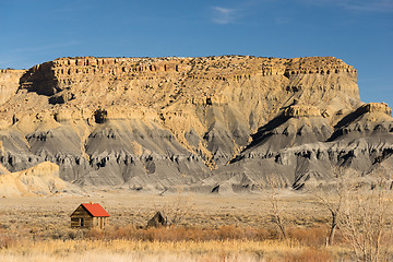 Image showing Red Roofed Cabin Utah Wilderness Badlands