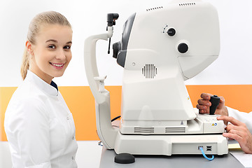 Image showing An eye exam, the patient in ophthalmology clinic Healthy eyes, Cabinet ophthalmic eye examination