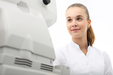 Image showing Visual acuity Ophthalmologist, medicine and health Optician, computer vision test Cabinet optical, computer vision test 