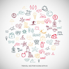 Image showing Multicolor doodles Hand Drawn Vacation Icons set on White. EPS10 vector illustration.