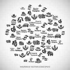 Image showing Black doodles Hand Drawn Insurance Icons set on White. EPS10 vector illustration.